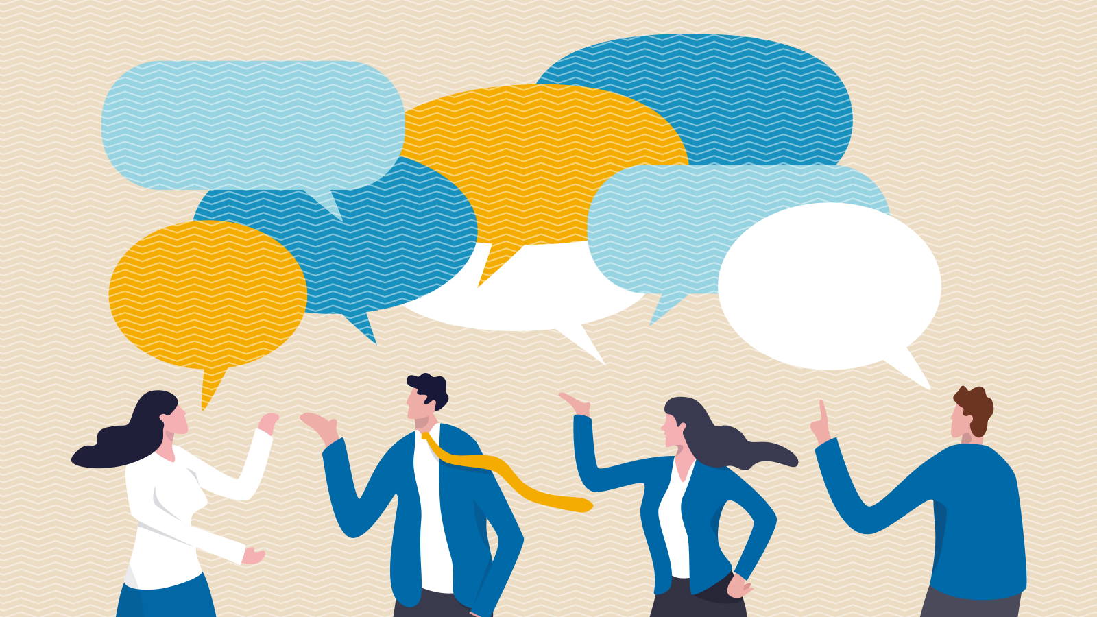 Illustration of diverse people with speech bubbles representing alumni stories and conversations.