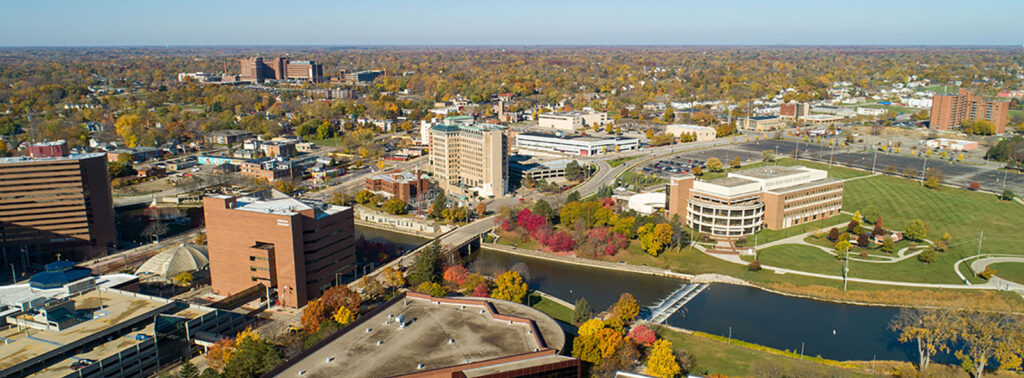 Aerial view of the UM-Flint Campus in downtown Flint, MI.