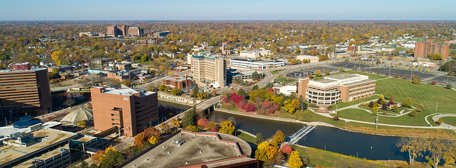 Aerial view of the UM-Flint Campus in downtown Flint, MI.