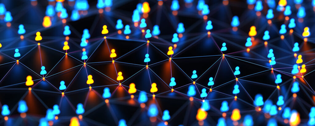 Abstract digital network illustration representing connections between alumni businesses and community members.